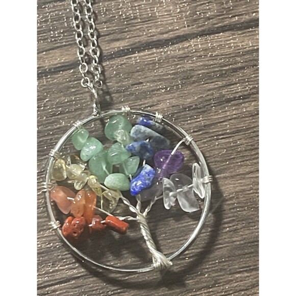 Rainbow Chakra Tree of Life Pendant + 20" Stainless Steel Chain Blue Gift Bag - Picture 1 of 5